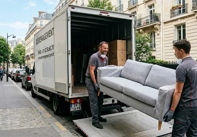 Déménageurs chargeant un canapé dans un camion à Paris